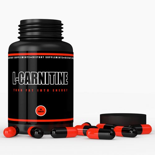 3D render of l-carnitine bottle with pills over white Л-Карнитин